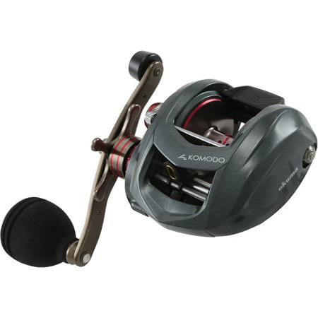 To maximize success on trophy bass, stripers, musky, salmon, and a host of inshore species, it takes strength, line capacity and a powerful drag system. Anglers will receive it all in the Komodo 350. The Komodo 350 holds a line capacity of 230 yards of 14-pounds. For comparison current entries in the market hold just 190-yards of 14-pound. Maximizing the opportunity provided by substantial line capacity is a Carbonite and stainless drag system that outputs 25-pounds of maximum drag. Again, current entries in the market output just 15 and 22 pounds.The Komodo's main gear, pinion gear and drive shaft are constructed from stainless steel for incredible strength. Komodo's frame, spool and handle side side plate's are all aluminum for additional strength and long term alignment of internal parts. 